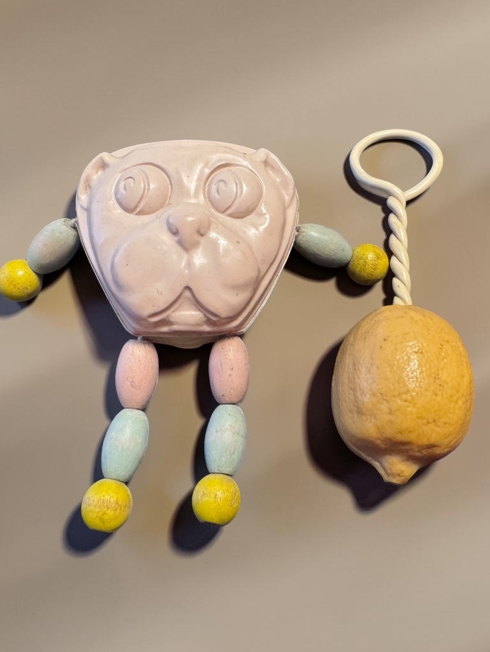 Vintage Baby Rattle Toy Lot Plastic Dog Wooden Beads Lemon Rattle Mid Century